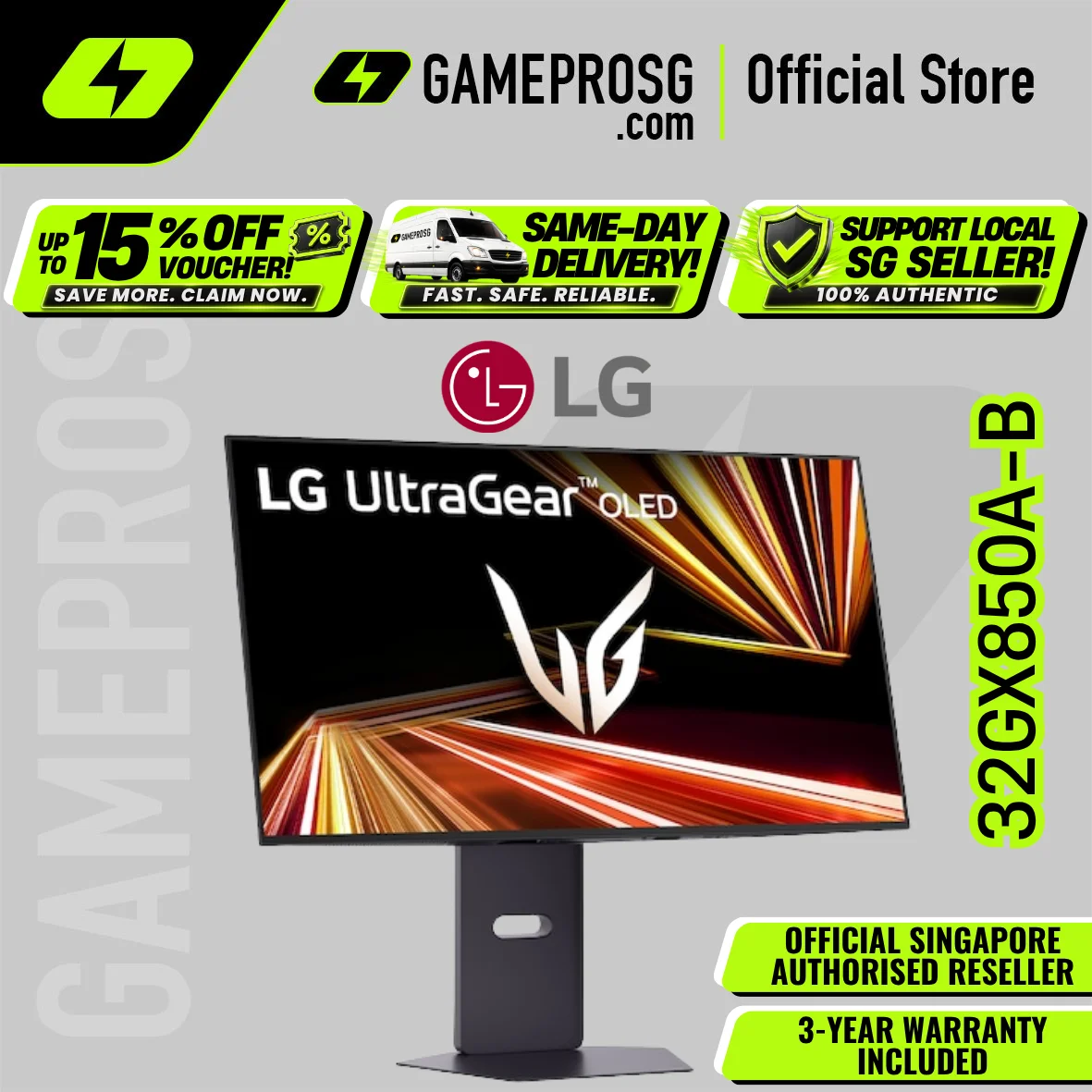LG Monitor (UHD 4K OLED 165-330Hz 0.03ms HDR400 HAS SPK) - 32GX850A-B