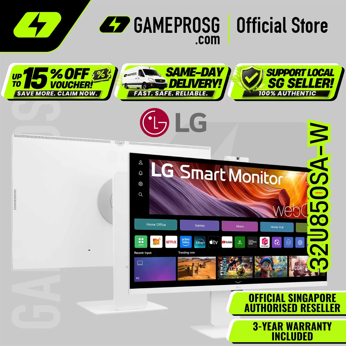 LG 32U850SA-W 32" 4K UHD IPS Monitor – USB-C 90W PD, Speakers, Webcam, Remote