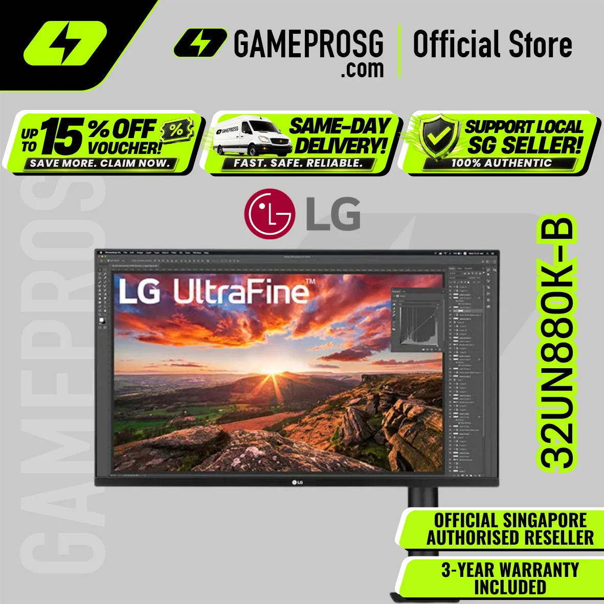 LG Monitor (UHD 4K IPS DP USB-C HAS SPK ERGO) - 32UN880K-B