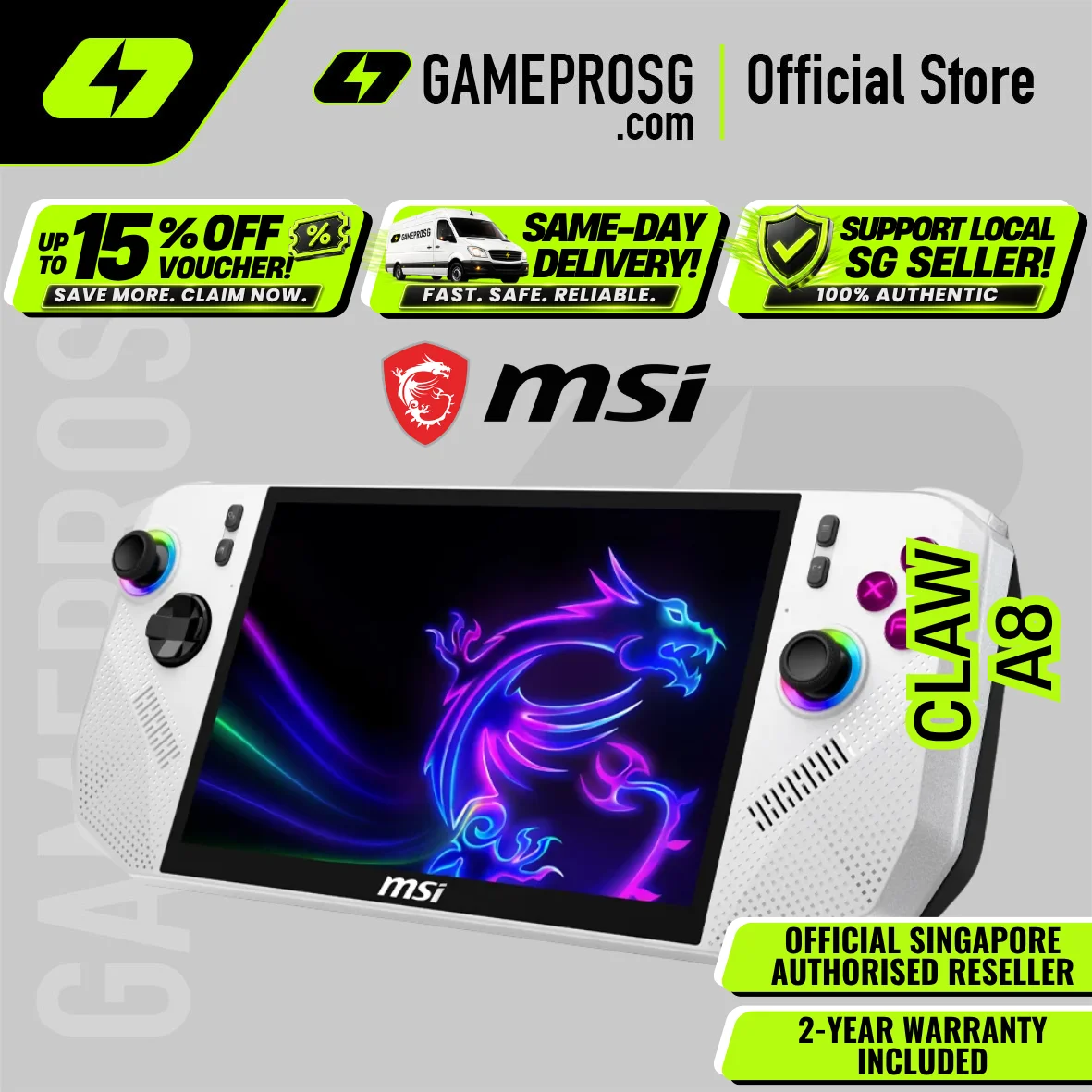 MSI Claw A8 Gaming Handheld – 8″ FHD 120Hz Touchscreen - AMD Ryzen Z2 Extreme - 24GB - 1TB SSD - Polar Tempes