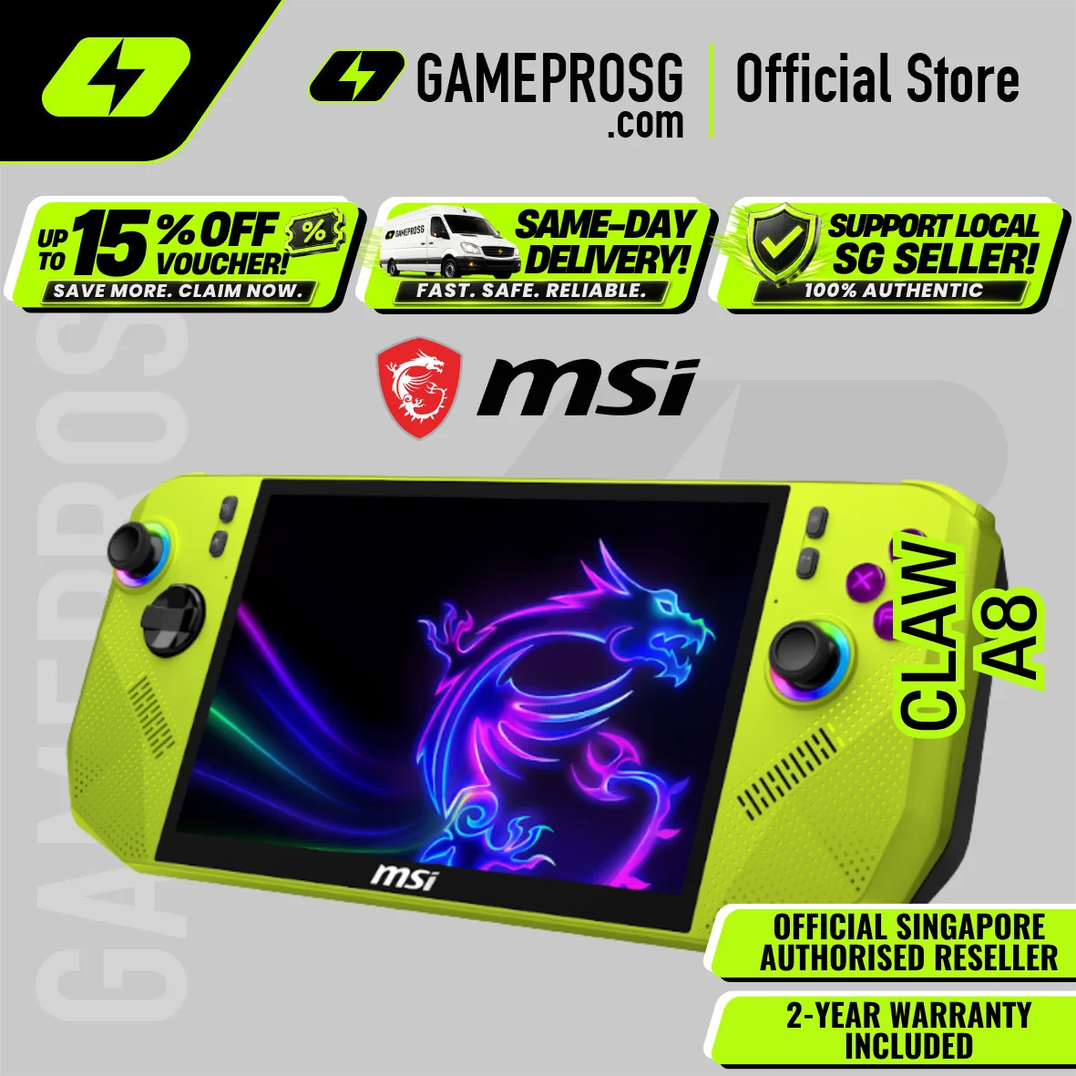 MSI Claw A8 Gaming Handheld – 8″ FHD 120Hz Touchscreen - AMD Ryzen Z2 Extreme - 24GB - 1TB SSD - Neon Green