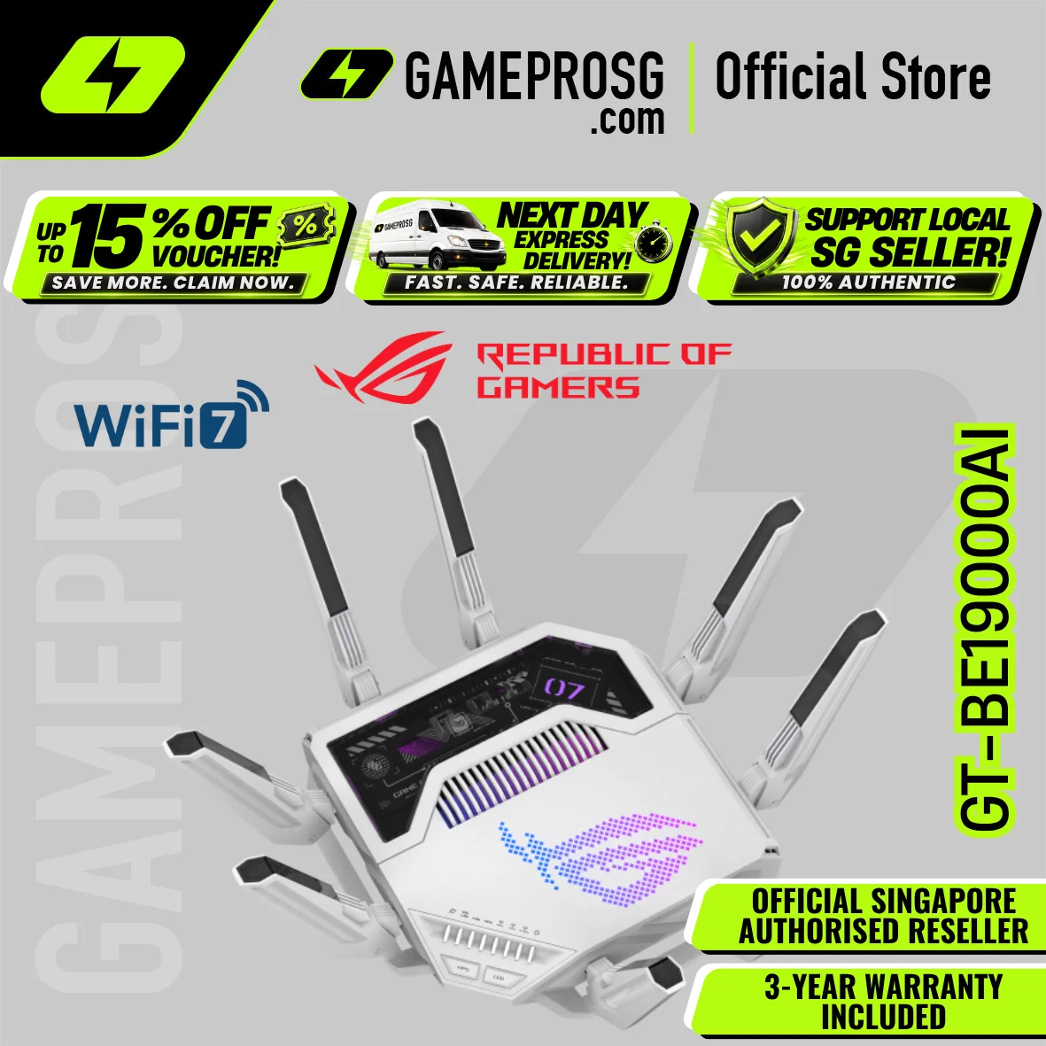 ASUS ROG Rapture GT-BE19000AI WiFi 7 AI Tri-band Gaming Router – Dual 10G Ports – Docker Support