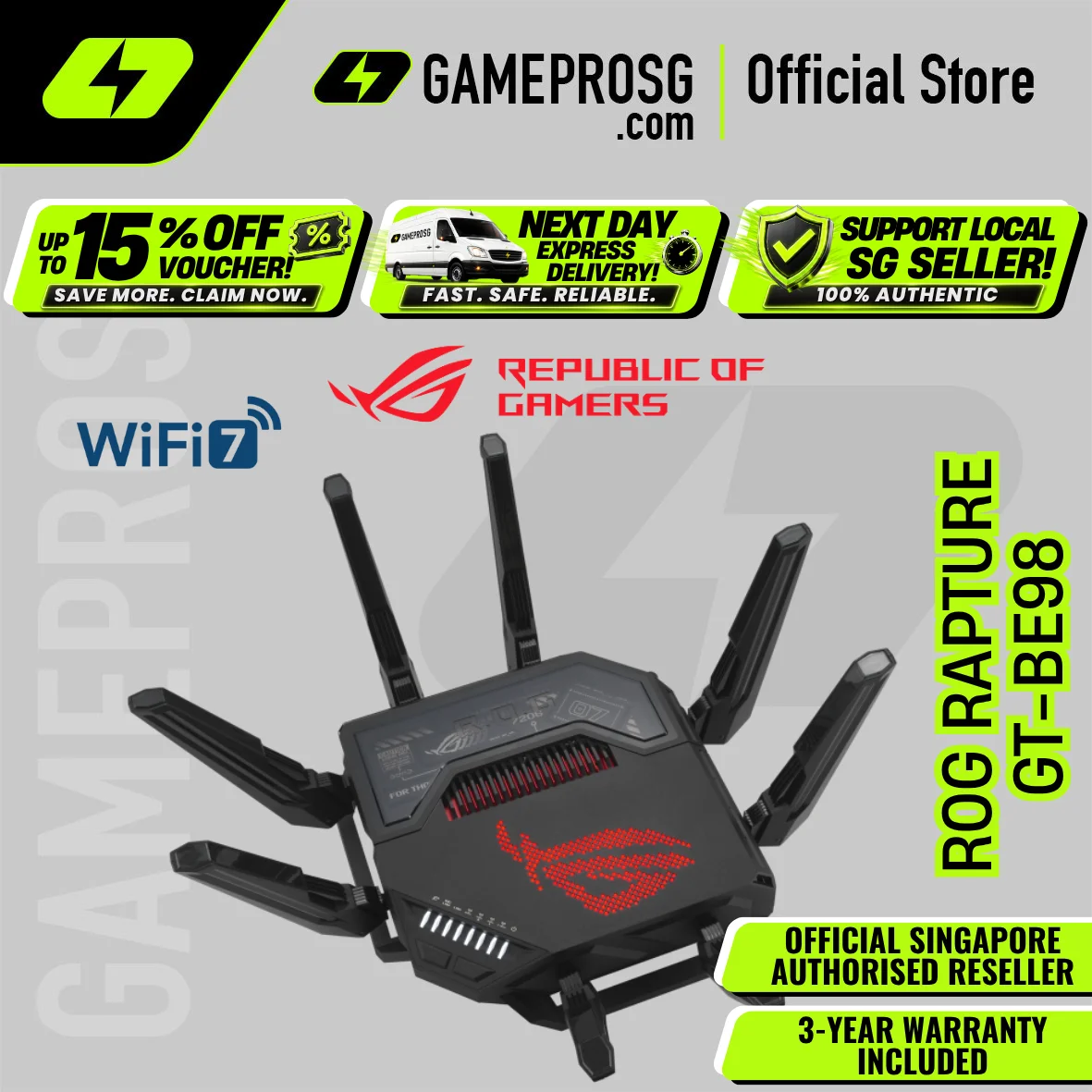 ASUS ROG Rapture GT-BE98 Quad-band WiFi 7 (802.11be) Gaming Router / AiMesh support / AiProtectio / 10G ports / VPN