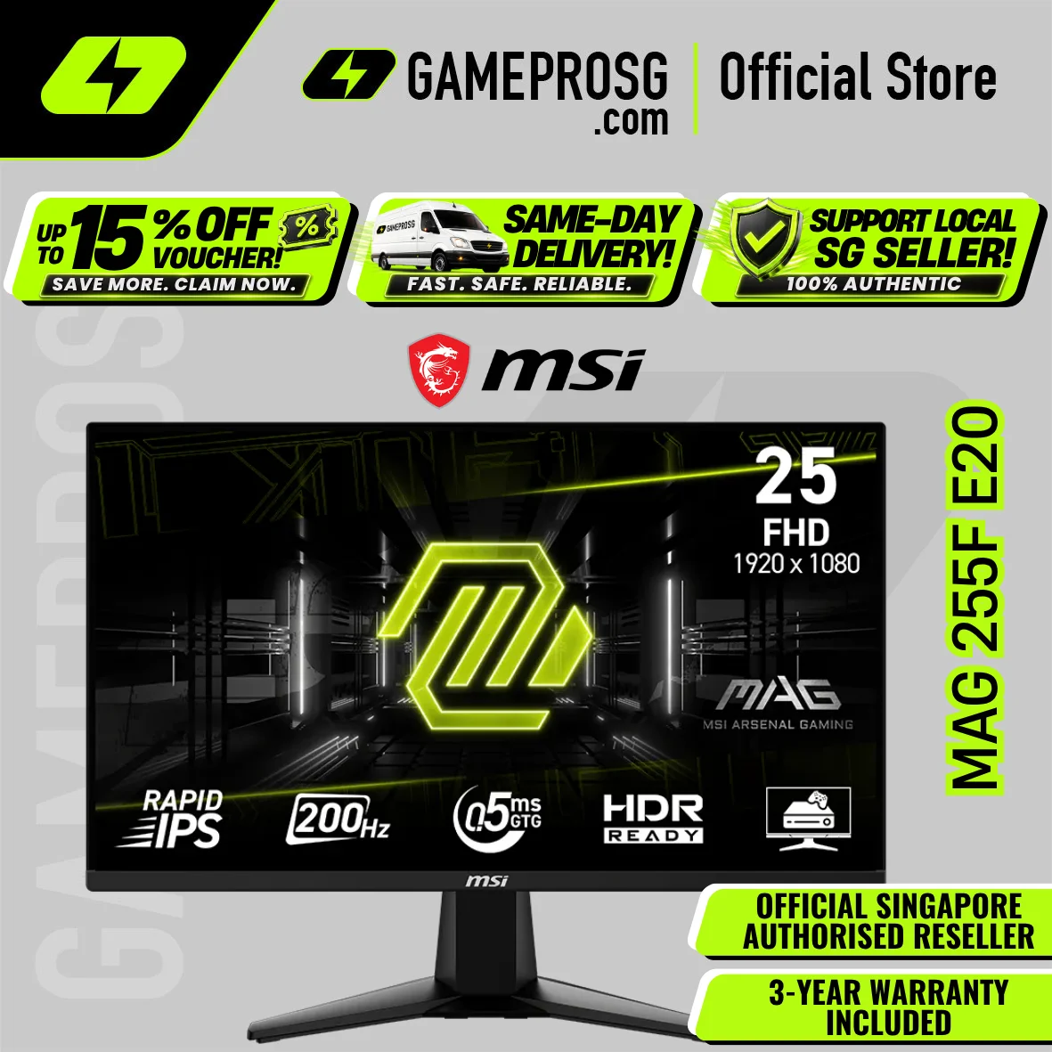 MSI MAG 255F E20 – 24.5" FHD Rapid IPS 200Hz – 0.5ms – FreeSync Gaming Monitor