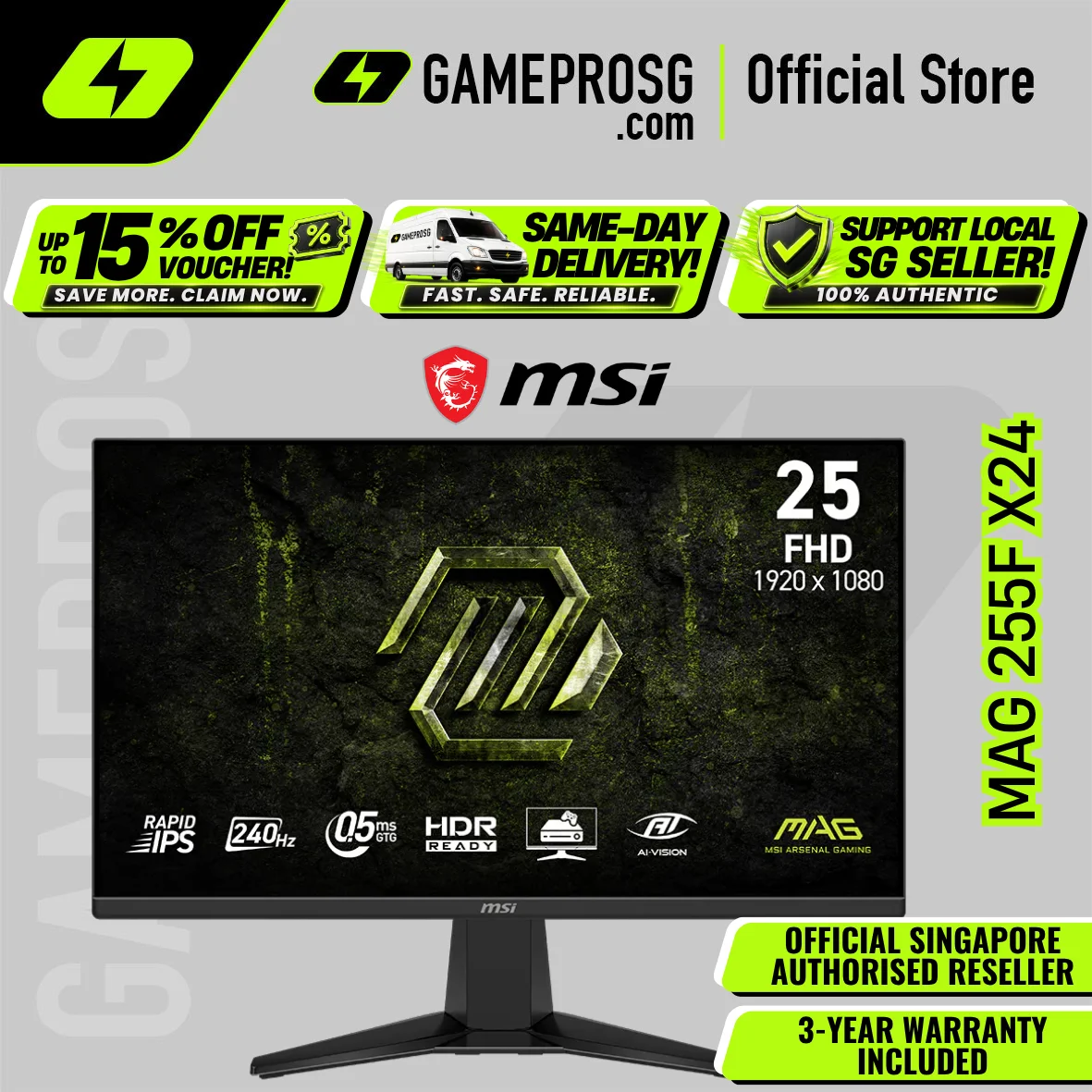 MSI MAG 255F X24 – 24.5" FHD Rapid IPS 240Hz – 0.5ms Gaming Monitor