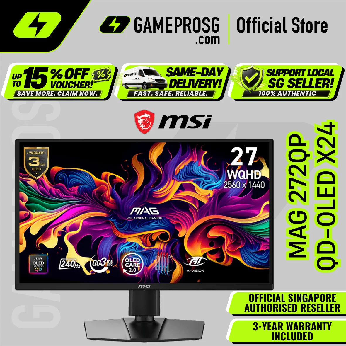 MSI MAG 272QP QD-OLED X24 – 27" QHD QD-OLED 240Hz – 0.03ms Gaming Monitor