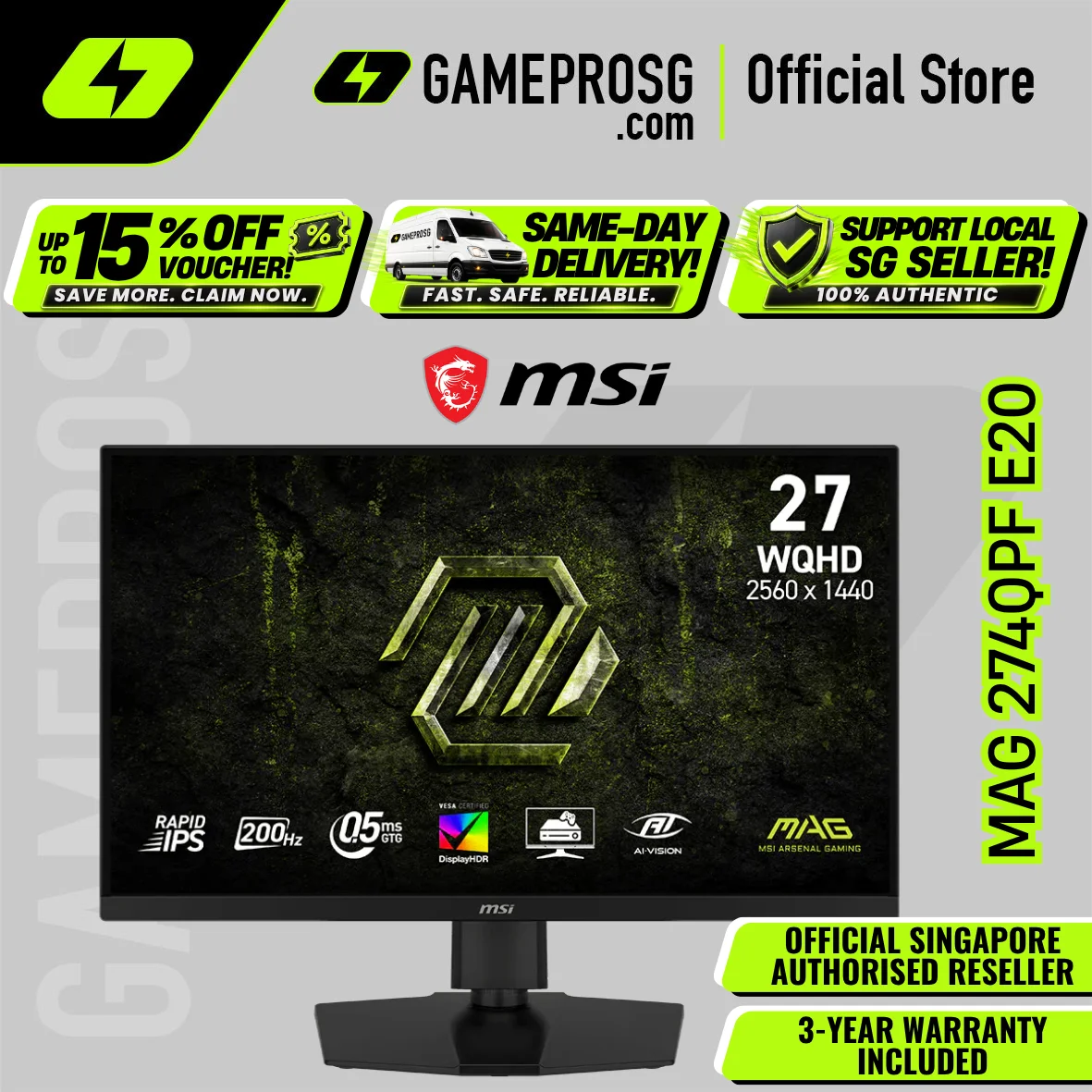 MSI MAG 274QPF E20 – 27" QHD Rapid IPS 200Hz – 0.5ms – HDR400 Gaming Monitor