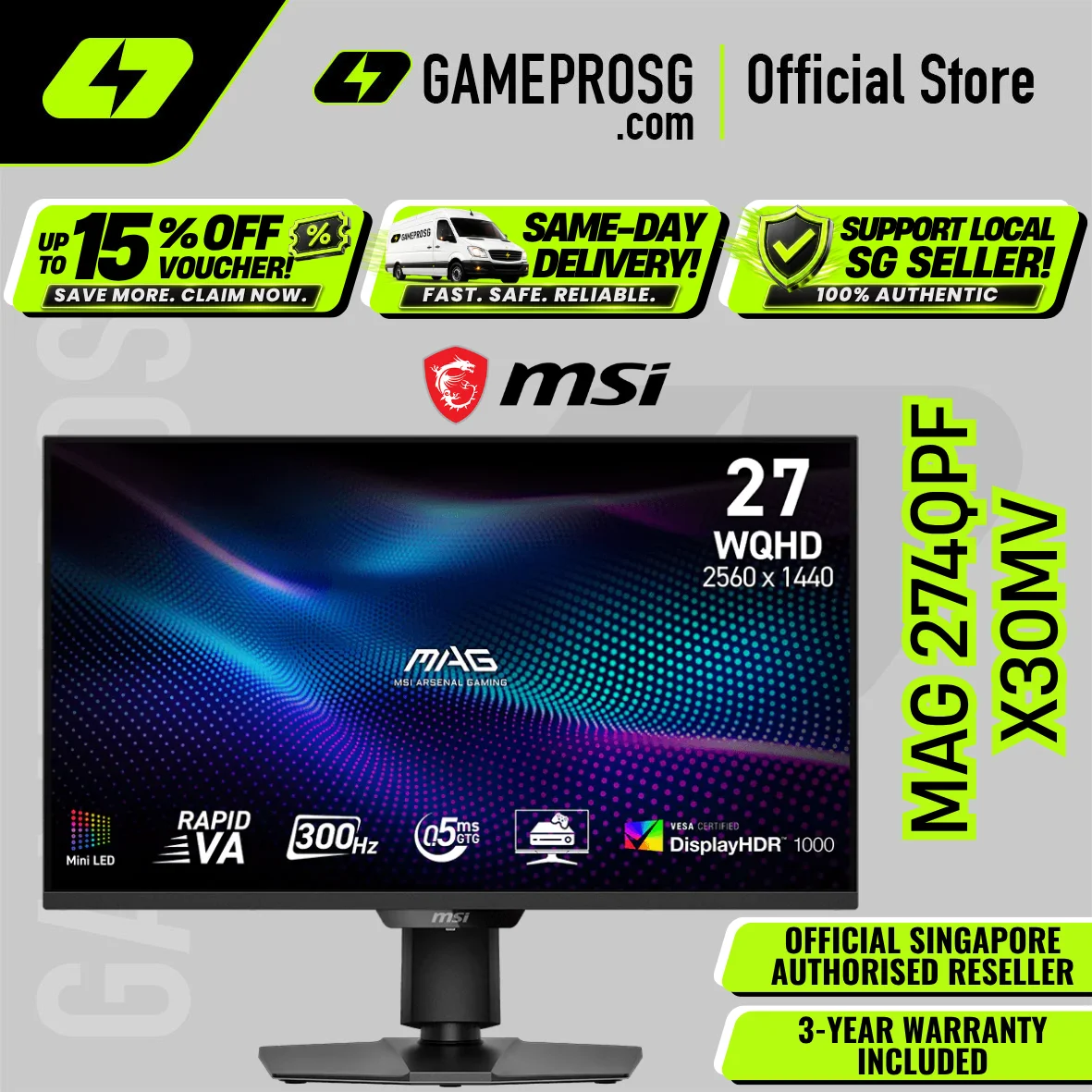 MSI MAG 274QPF X30MV – 27" QHD Rapid VA Mini-LED 300Hz – 0.5ms – HDR1000 Gaming Monitor