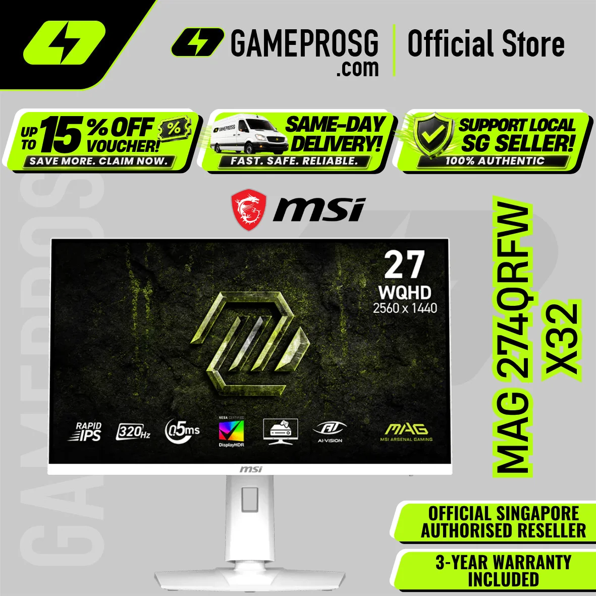 MSI MAG 274QRFW X32 – 27" QHD Rapid IPS 320Hz – 0.5ms – G-SYNC Gaming Monitor