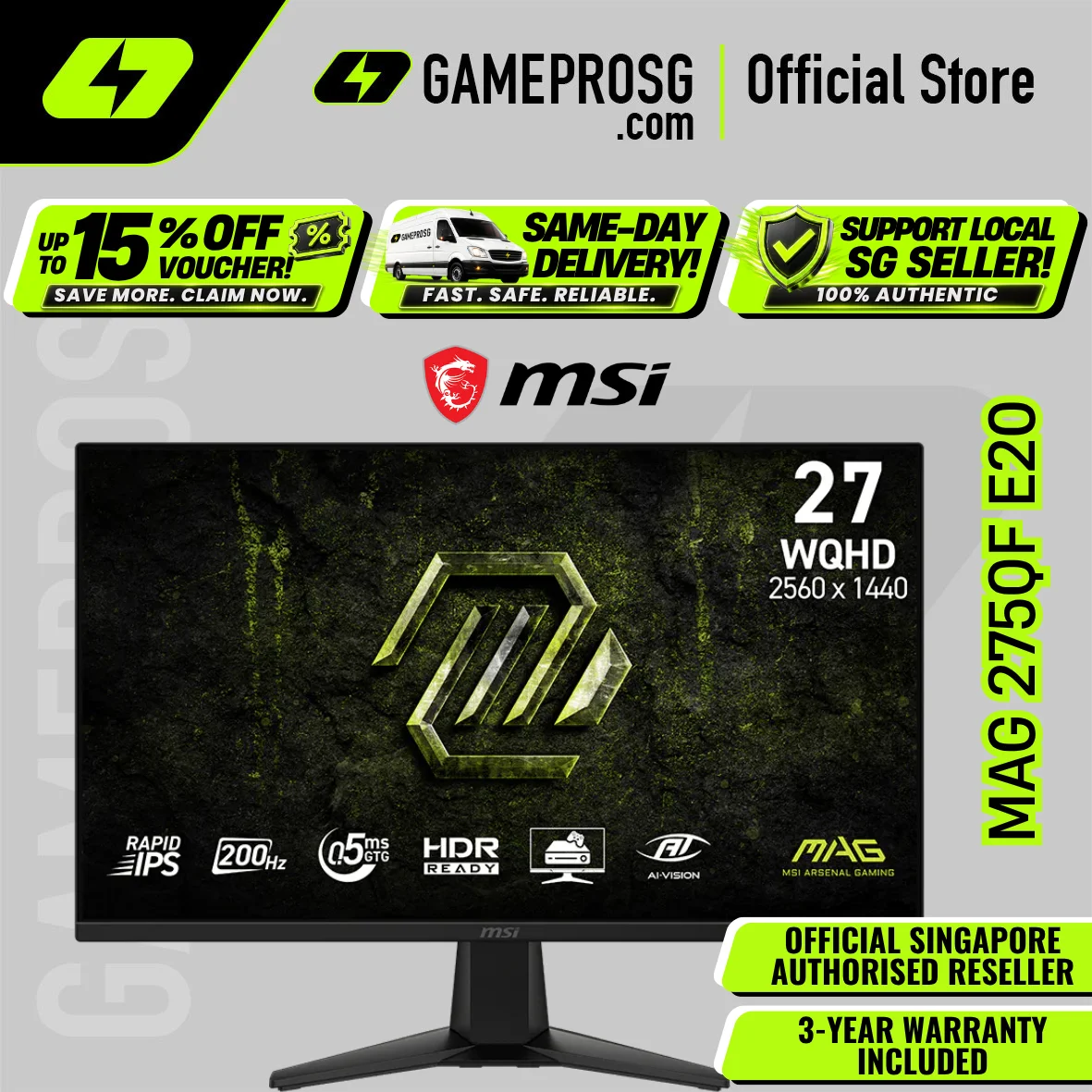 MSI MAG 275QF E20 – 27" QHD Rapid IPS 200Hz – 0.5ms – FreeSync Gaming Monitor