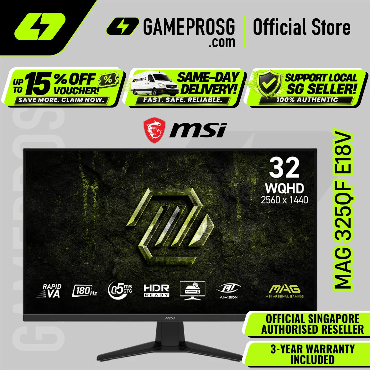 MSI MAG 325QF E18V – 32" QHD Rapid VA 180Hz – 0.5ms – Adaptive-Sync Gaming Monitor