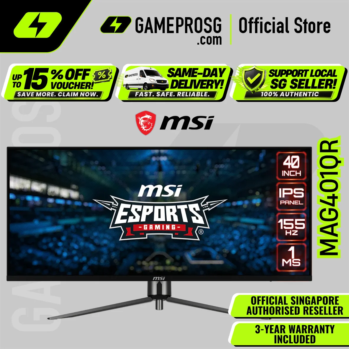 MSI MAG401QR – 40" UWQHD IPS 155Hz – 1ms – USB-C 65W Ultrawide Gaming Monitor