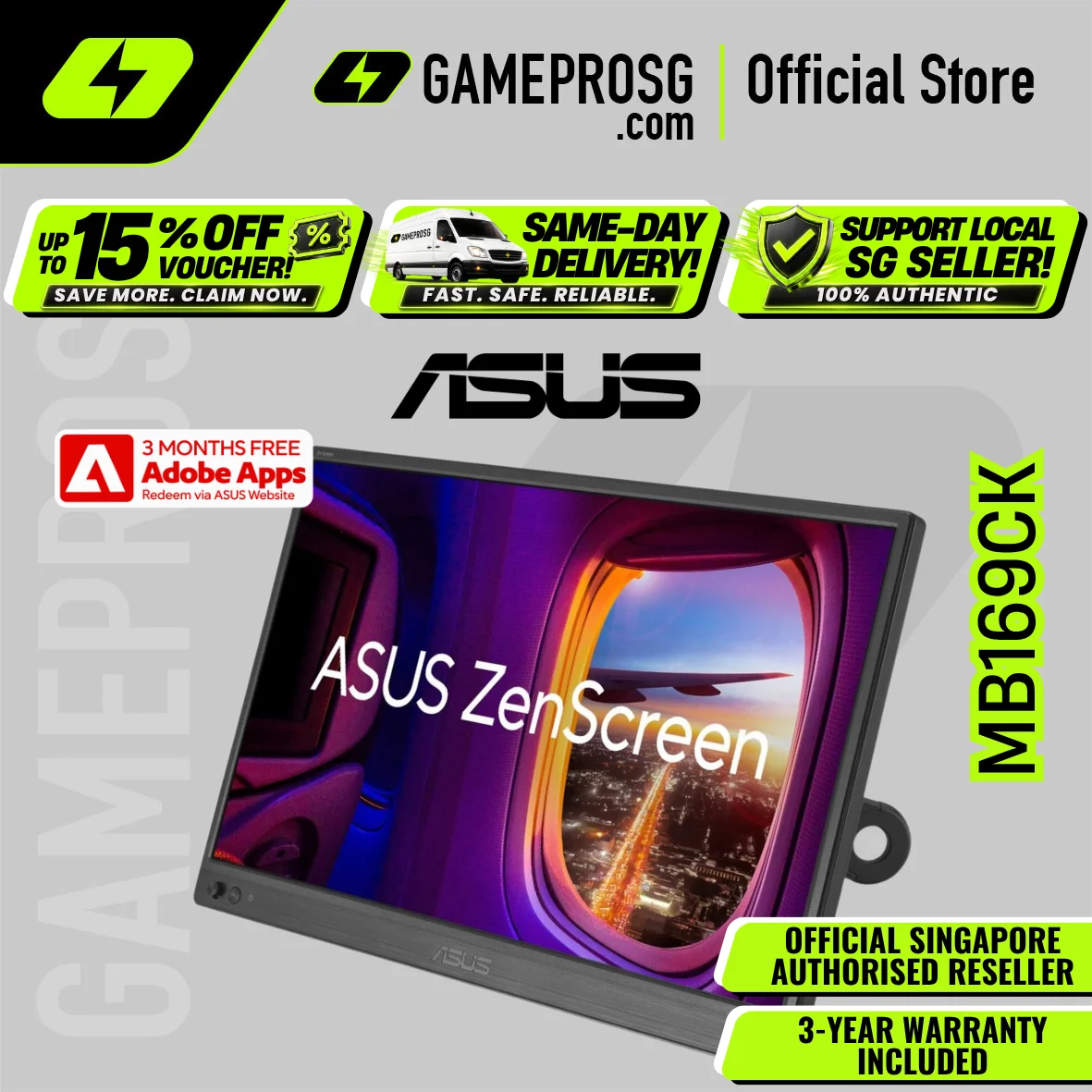 ASUS ZenScreen MB169CK Portable USB Monitor – 15.6" FHD IPS – USB-C – Eye Care – 360° Kickstand
