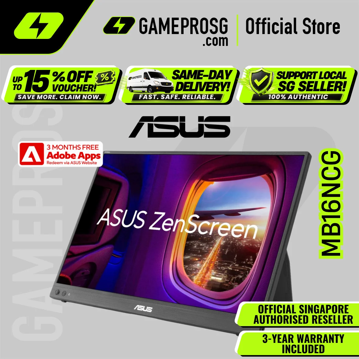 ASUS ZenScreen MB16NCG Portable Monitor – 16" WQXGA IPS 155Hz – 100% sRGB – USB-C Mini HDMI