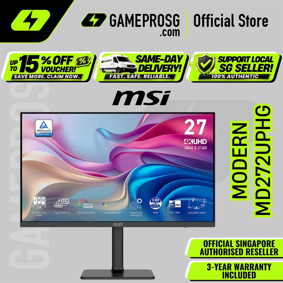 MSI Modern MD272UPHG – 27" 4K UHD IPS – USB-C 98W – DisplayHDR 400 Professional Monitor
