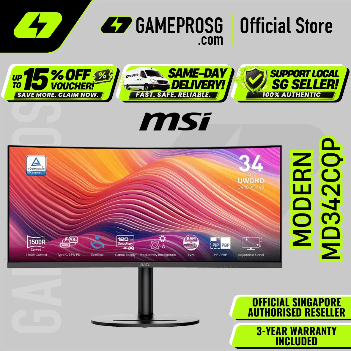 MSI Modern MD342CQP – 34" UWQHD 1500R VA 120Hz – USB-C 98W Curved Monitor App