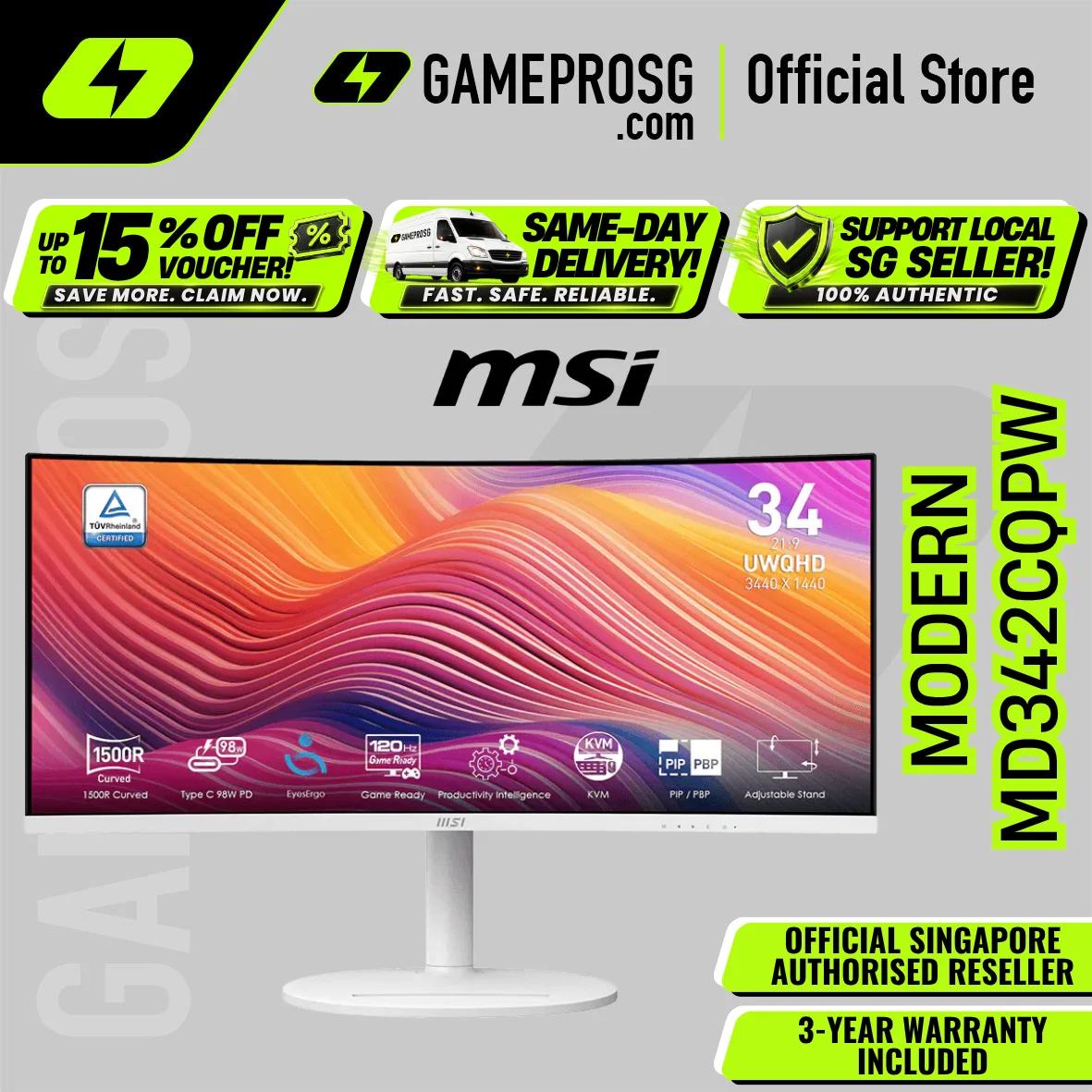 MSI Modern MD342CQPW – 34" UWQHD 1500R VA 120Hz – USB-C 98W – White Curved Monitor