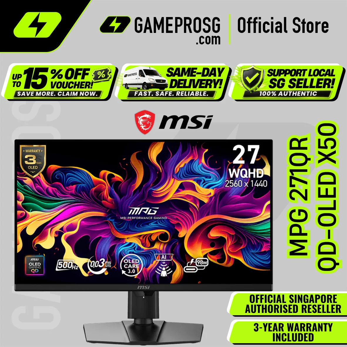 MSI MPG 271QR QD-OLED X50 – 27" QHD QD-OLED 500Hz – 0.03ms – DP 2.1 Gaming Monitor