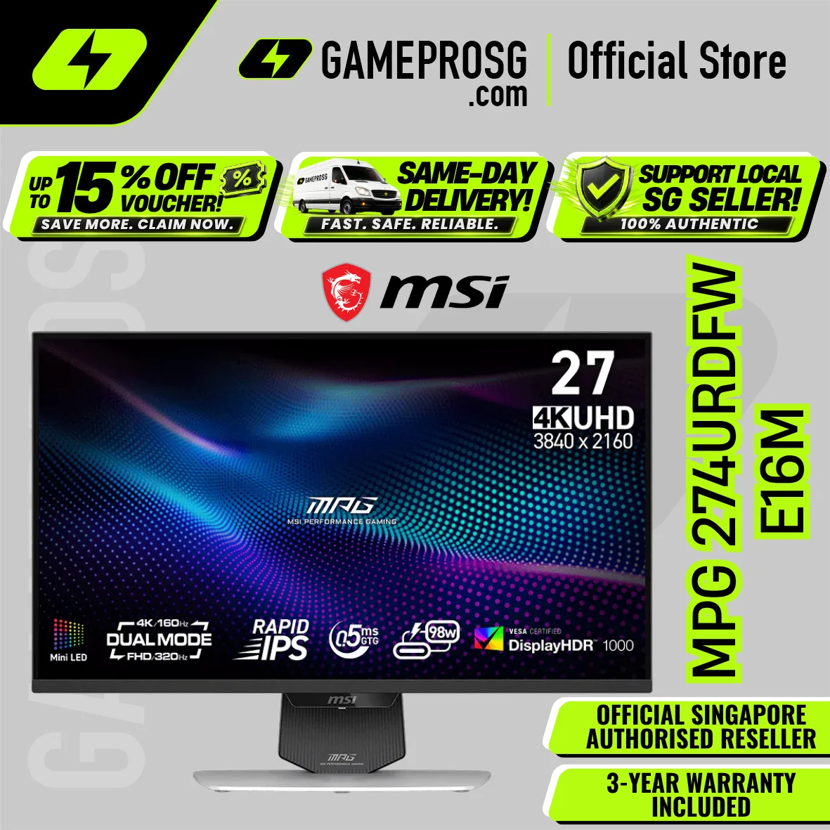 MSI MPG 274URDFW E16M – 27" 4K Mini-LED 160Hz / FHD 320Hz – HDR1000 Gaming Monitor
