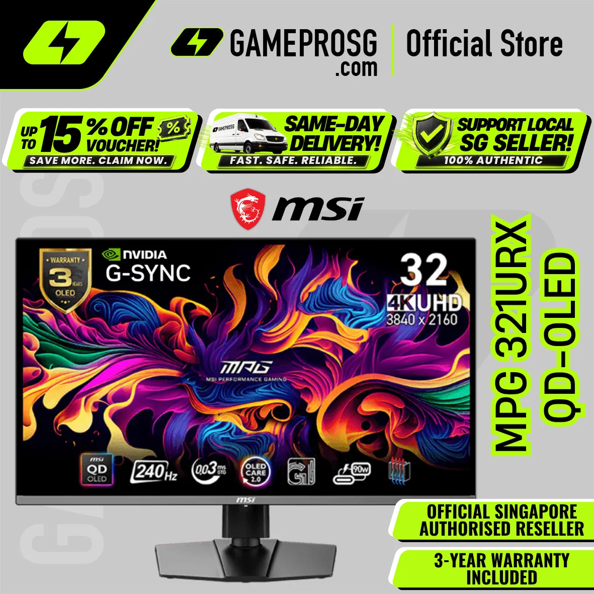 MSI MPG 321URX QD-OLED – 32" 4K UHD QD-OLED 240Hz – 0.03ms – USB-C 90W Gaming Monitor