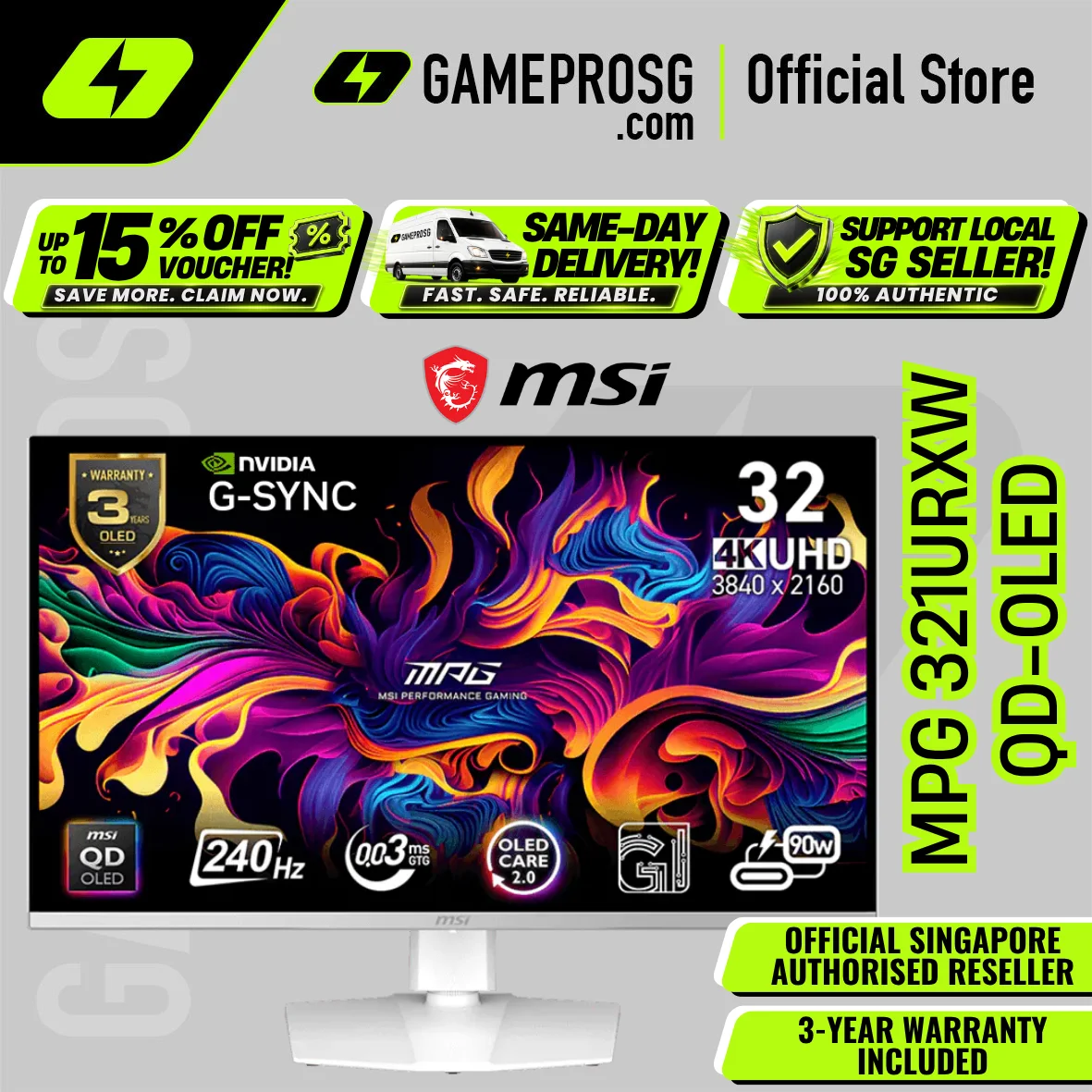 MSI MPG 321URXW QD-OLED – 32" 4K UHD QD-OLED 240Hz – 0.03ms – USB-C 90W Gaming Monitor