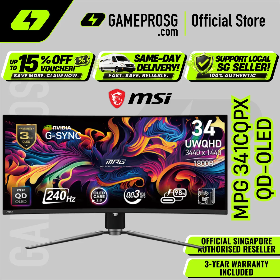 MSI MPG 341CQPX QD-OLED – 34" UWQHD Curved QD-OLED 240Hz – 0.03ms – USB-C Gaming Monitor