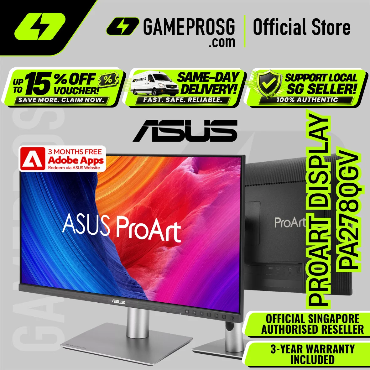 ASUS ProArt PA278QGV Monitor 27-inch IPS/QHD 2560 x 1440 95% DCI-P3 Color Accuracy 120Hz HDR-10