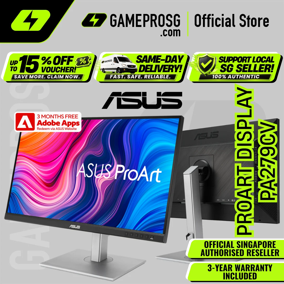 ASUS ProArt Display PA279CV Monitor – 27" 4K UHD IPS – 100% sRGB – USB-C – Calman Verified