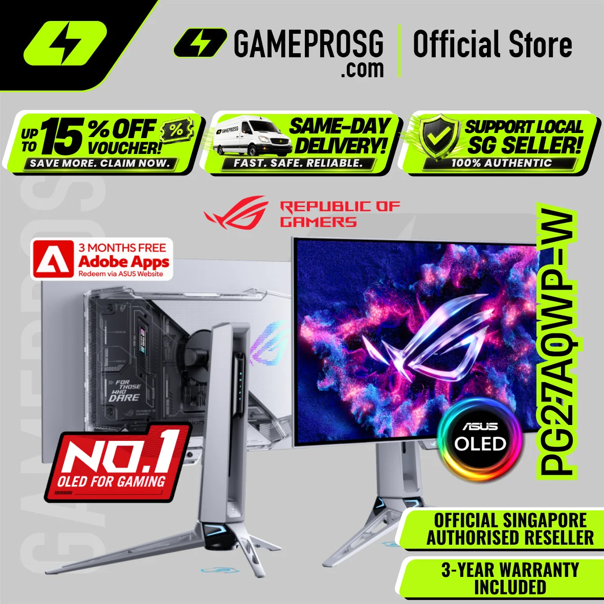 ASUS ROG Swift OLED PG27AQWP-W – 27" QHD Tandem OLED 540Hz – 720Hz Dual Mode – 0.02ms Gaming Monitor