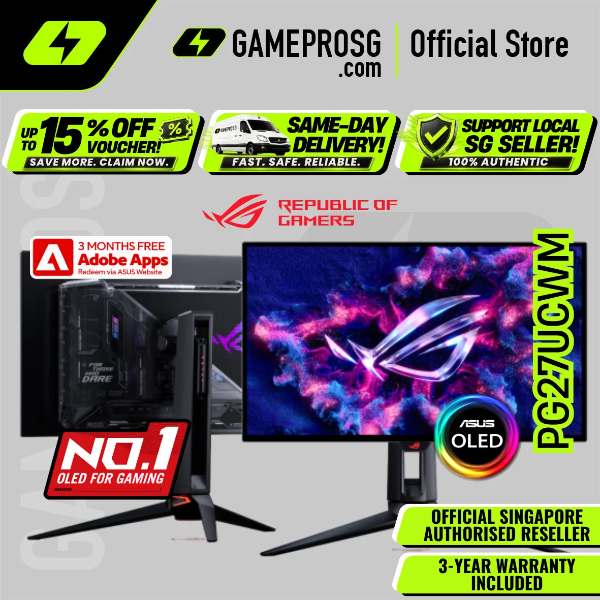ASUS ROG Swift OLED PG27UCWM – 27" 4K Tandem RGB OLED 240Hz / FHD 480Hz – 0.03ms Gaming Monitor