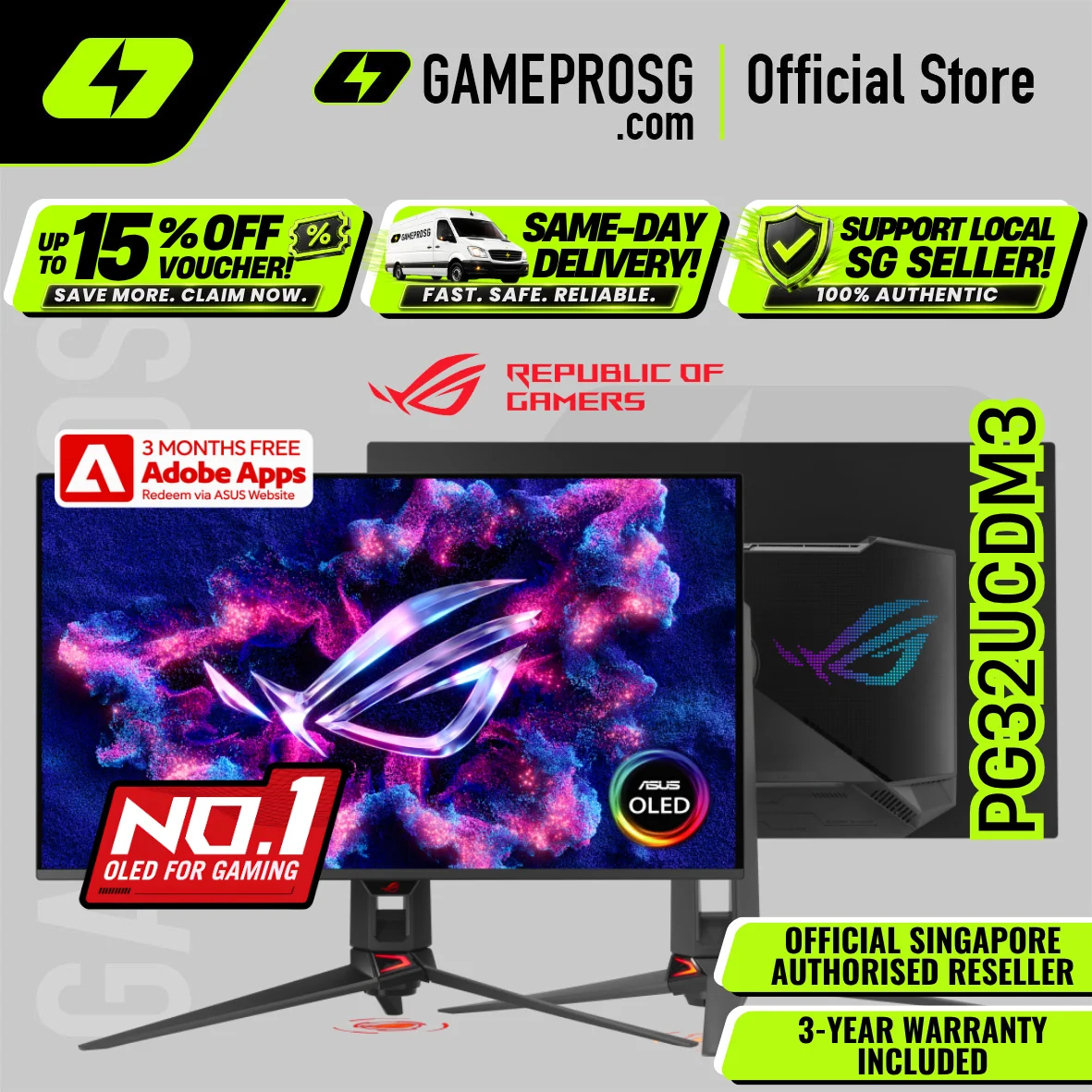 ASUS ROG Swift OLED PG32UCDM3 – 32" 4K Tandem QD-OLED 240Hz – 0.03ms Gaming Monitor