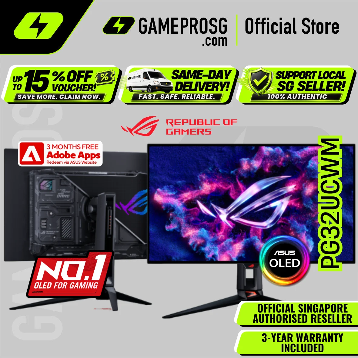 ASUS ROG Swift OLED PG32UCWM – 31.5" 4K Tandem RGB OLED 240Hz / FHD 480Hz – 0.03ms Gaming Monitor