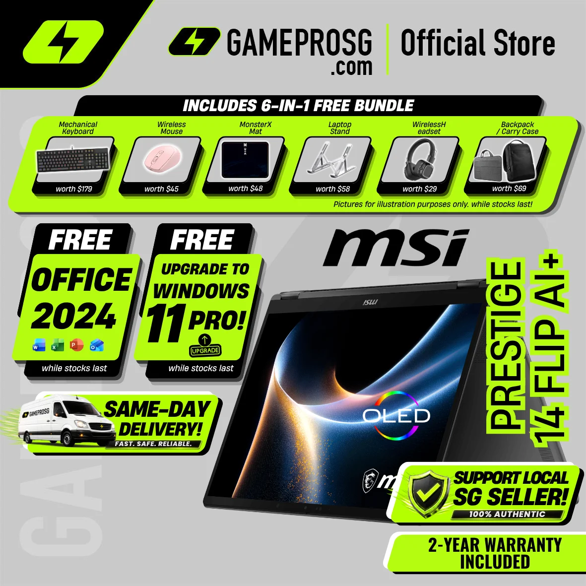 MSI Prestige 14 Flip AI+ – 14" OLED Touch – Intel Core Ultra 9 – 32GB RAM – 1TB SSD – Convertible 2-in-1 Copilot+ PC