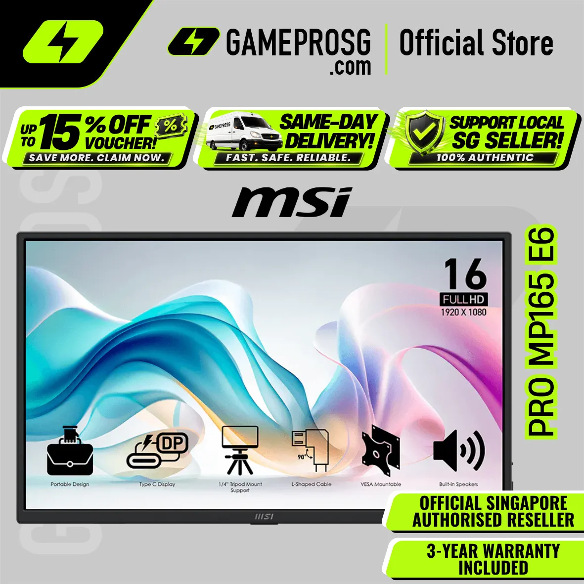 MSI PRO MP165 E6 – 15.6" FHD IPS – USB-C – Ultra-Slim Portable Monitor