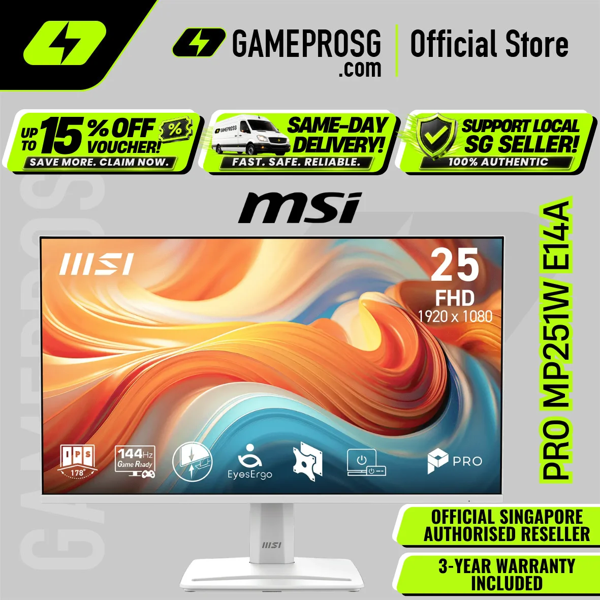 MSI PRO MP251W E14A – 24.5" FHD IPS 144Hz – 1ms MPRT – White Business Monitor