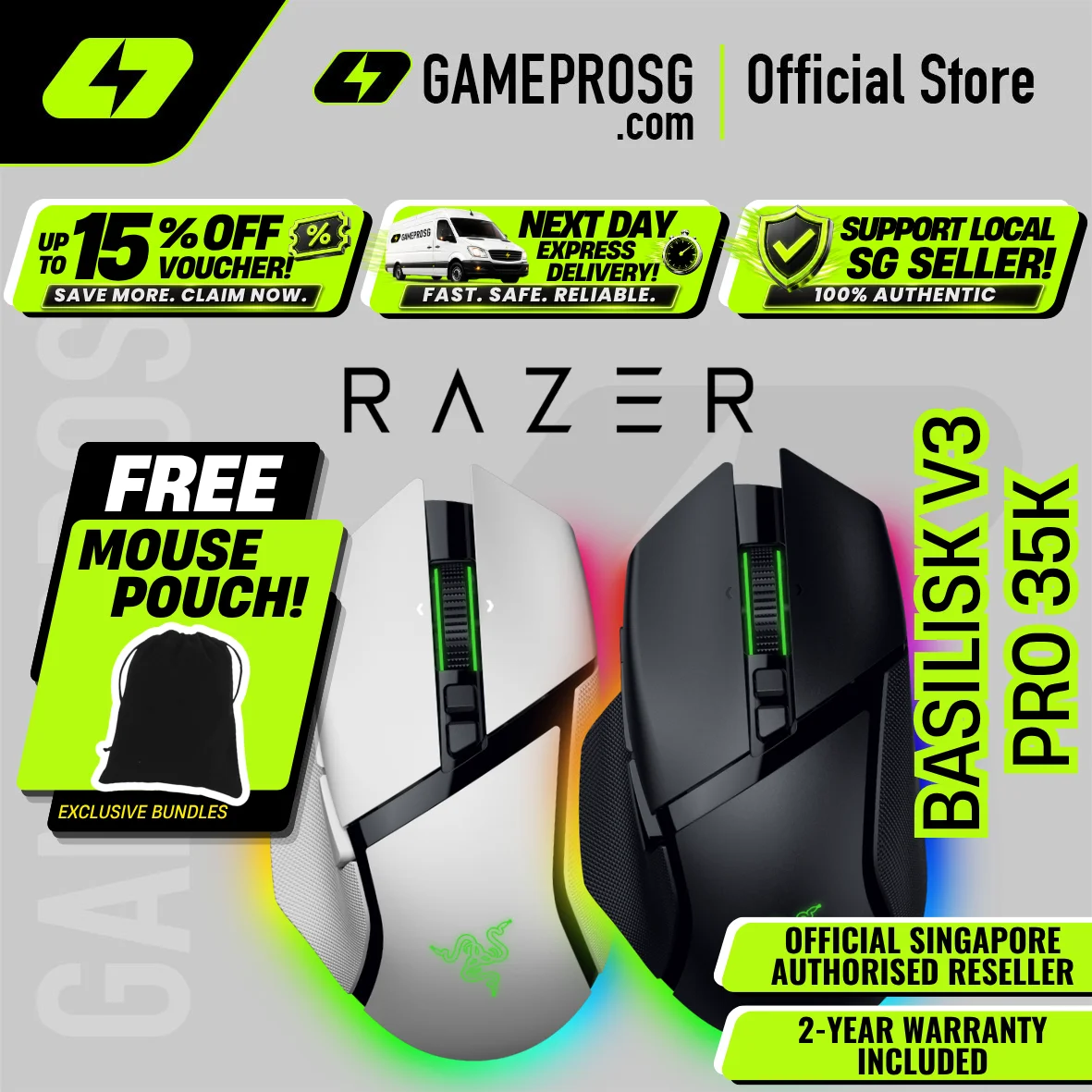 Razer Basilisk V3 Pro 35K Wireless Ergonomic Gaming Mouse with HyperScroll Tilt Wheel & Chroma RGB Lighting