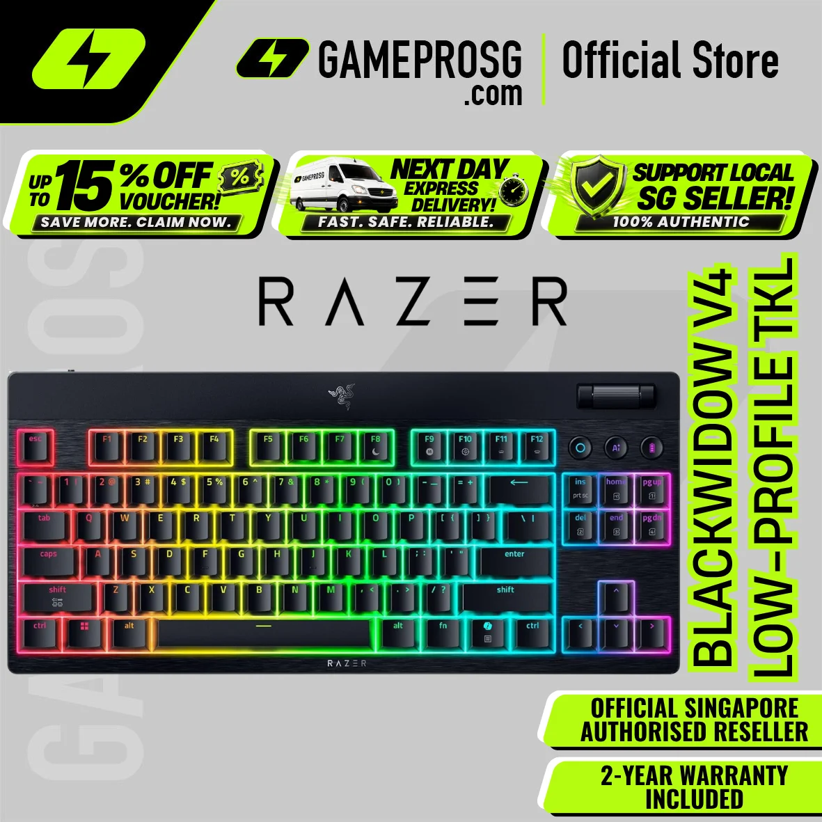 Razer BlackWidow V4 Low-Profile HyperSpeed – TKL Wireless Mechanical Gaming Keyboard – US Layout