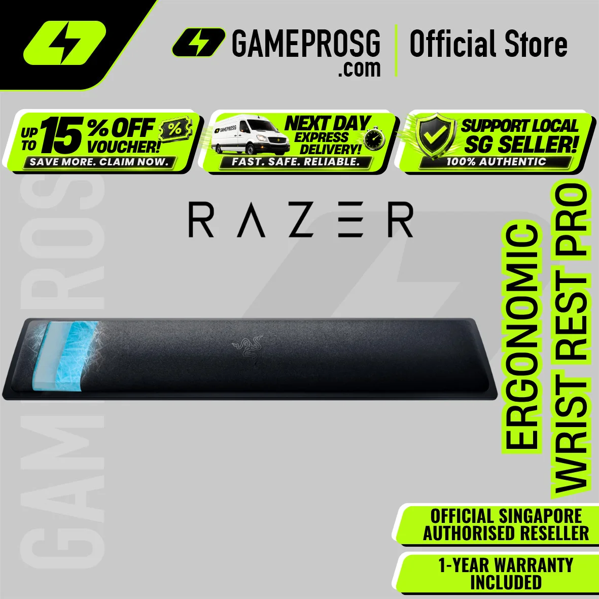 Razer Ergonomic Wrist Rest Pro Full-Sized Keyboard Support with Cooling Gel Surface and Memory Foam Cushion
