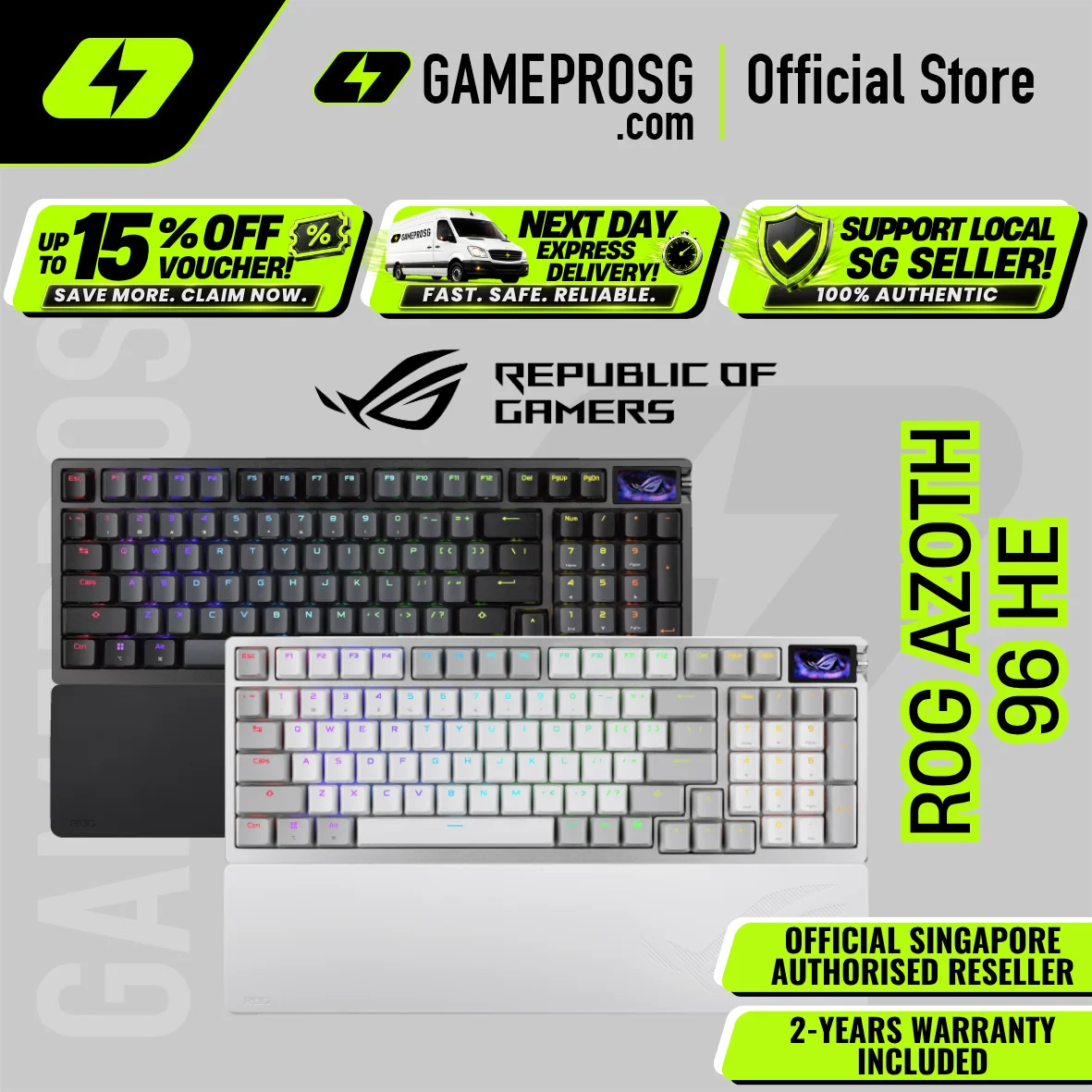 ASUS ROG Azoth 96 HE Wireless Gaming Keyboard – 96% Layout – Hall Effect Magnetic Switch – 8KHz Polling – Rapid Trigger