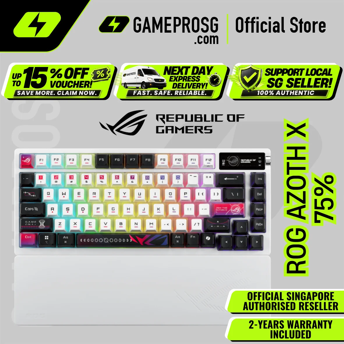 ROG Azoth X Wireless Gaming Keyboard — Hot-Swappable - Tri-Mode - Silicon Wrist Rest — Esports-Grade