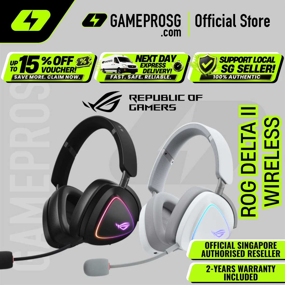 ROG Delta II Wireless Gaming Headset ROG SpeedNova, 50mm drivers, Tri-mode Bluetooth 2.4 GHz, and a wired 3.5 mm