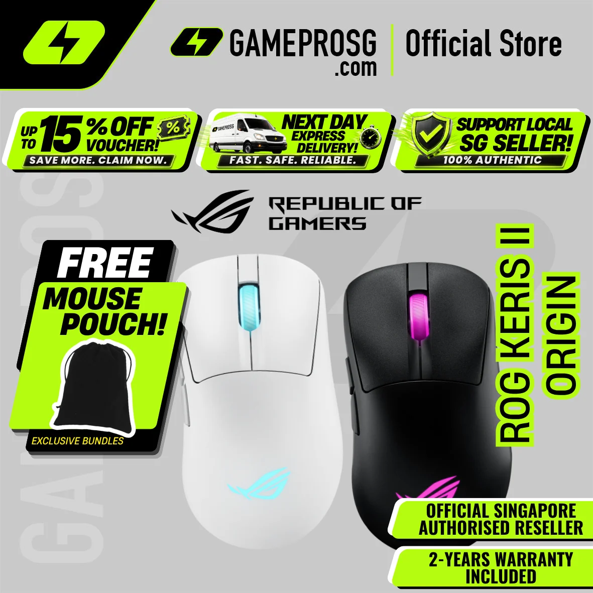 ROG Keris II Origin Ergonomic Wireless Gaming Mouse / 65-gram / Versatile Connectivity / ROG SpeedNova Wireless