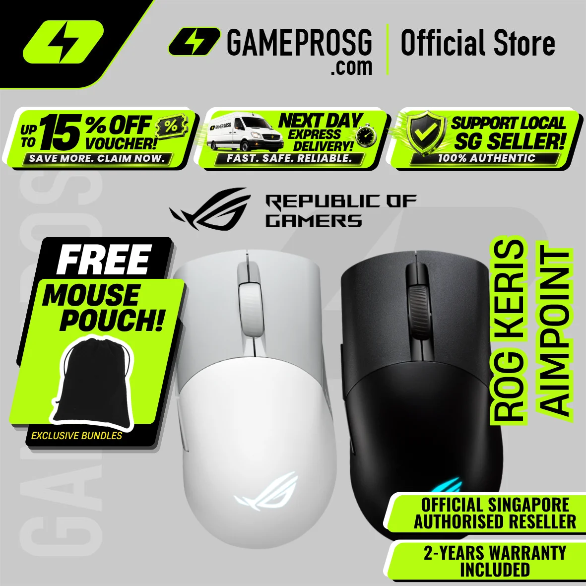 ROG Keris Wireless AimPoint Wireless Gaming Mouse / 36,000 dpi / ROG AimPoint optical sensor / Tri-mode