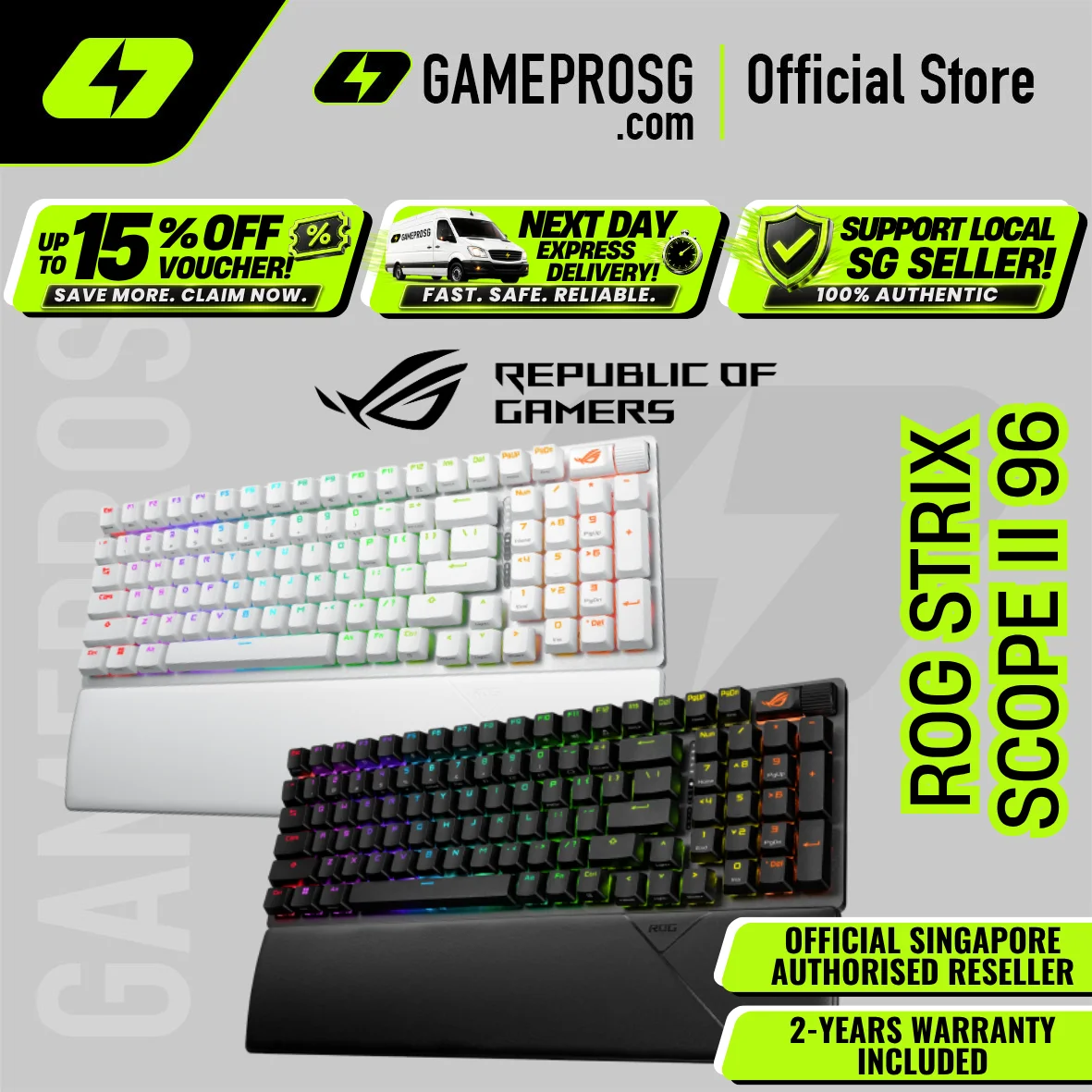 ROG Strix Scope II 96 Wireless Gaming Keyboard - Tri-Mode Connection, ABS