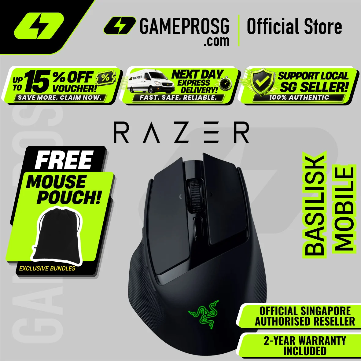 Razer Basilisk Mobile Wireless Gaming Mouse — Ultra-Portable - Customizable Buttons - RGB - Precision Tracking (Gamers)