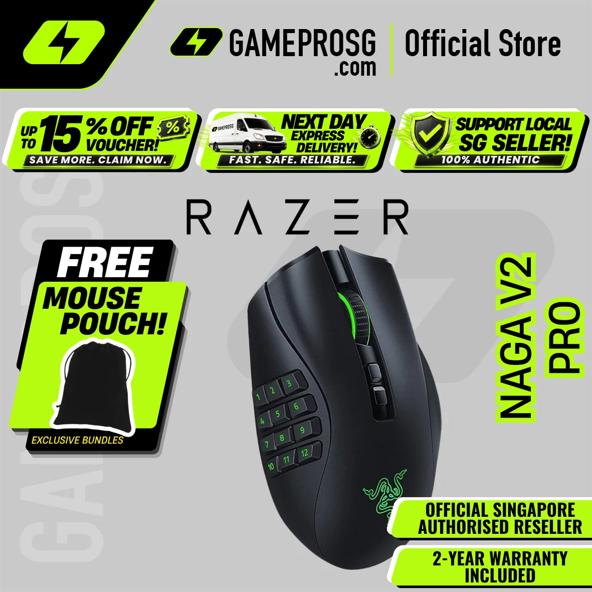 Razer Naga V2 Pro Wireless Gaming Mouse – 2/6/12 Button Side Plates, Focus+ 20K DPI, Chroma RGB