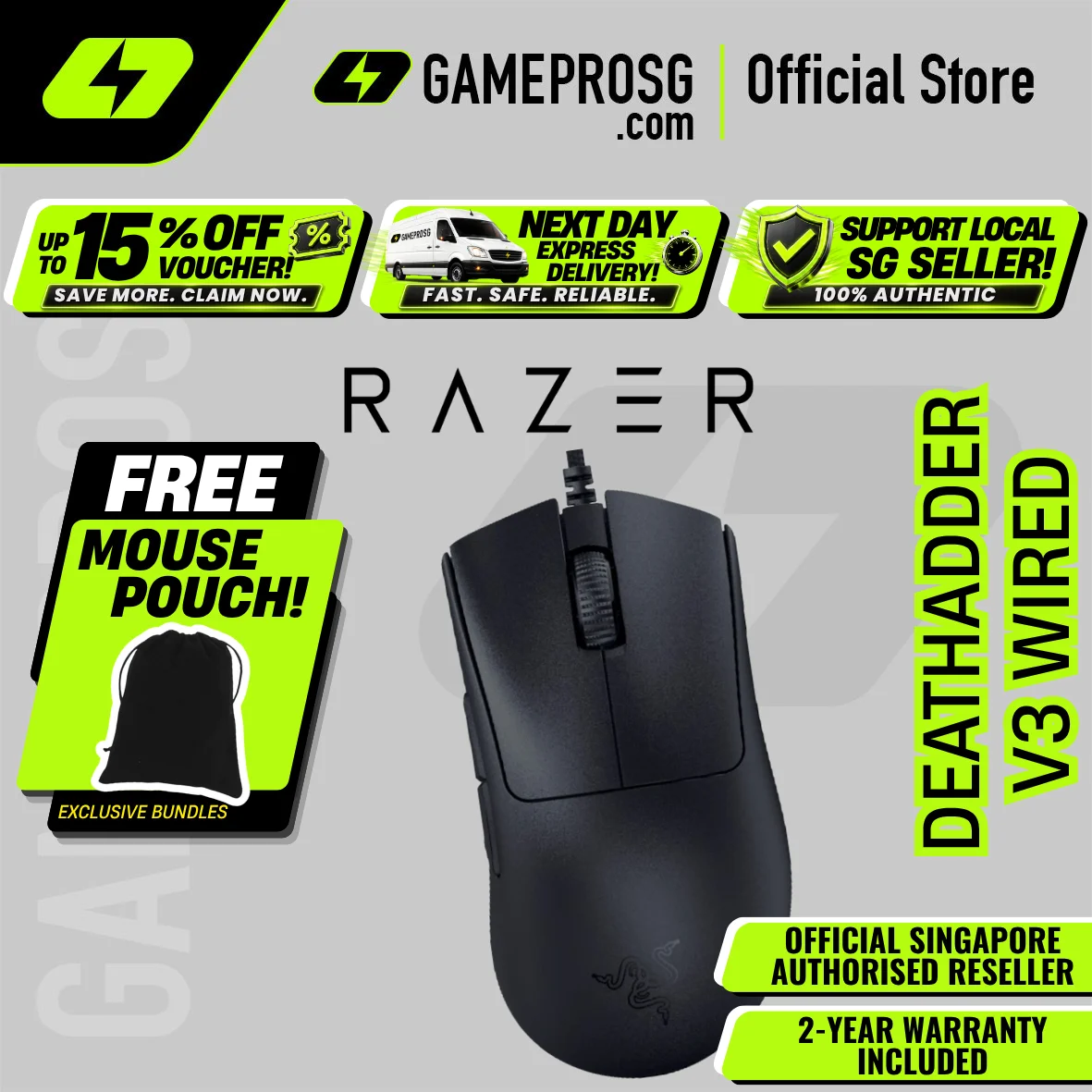 Razer DeathAdder V3 Lightweight Optical Wired Gaming Mouse with 8K Hz HyperPolling Technology