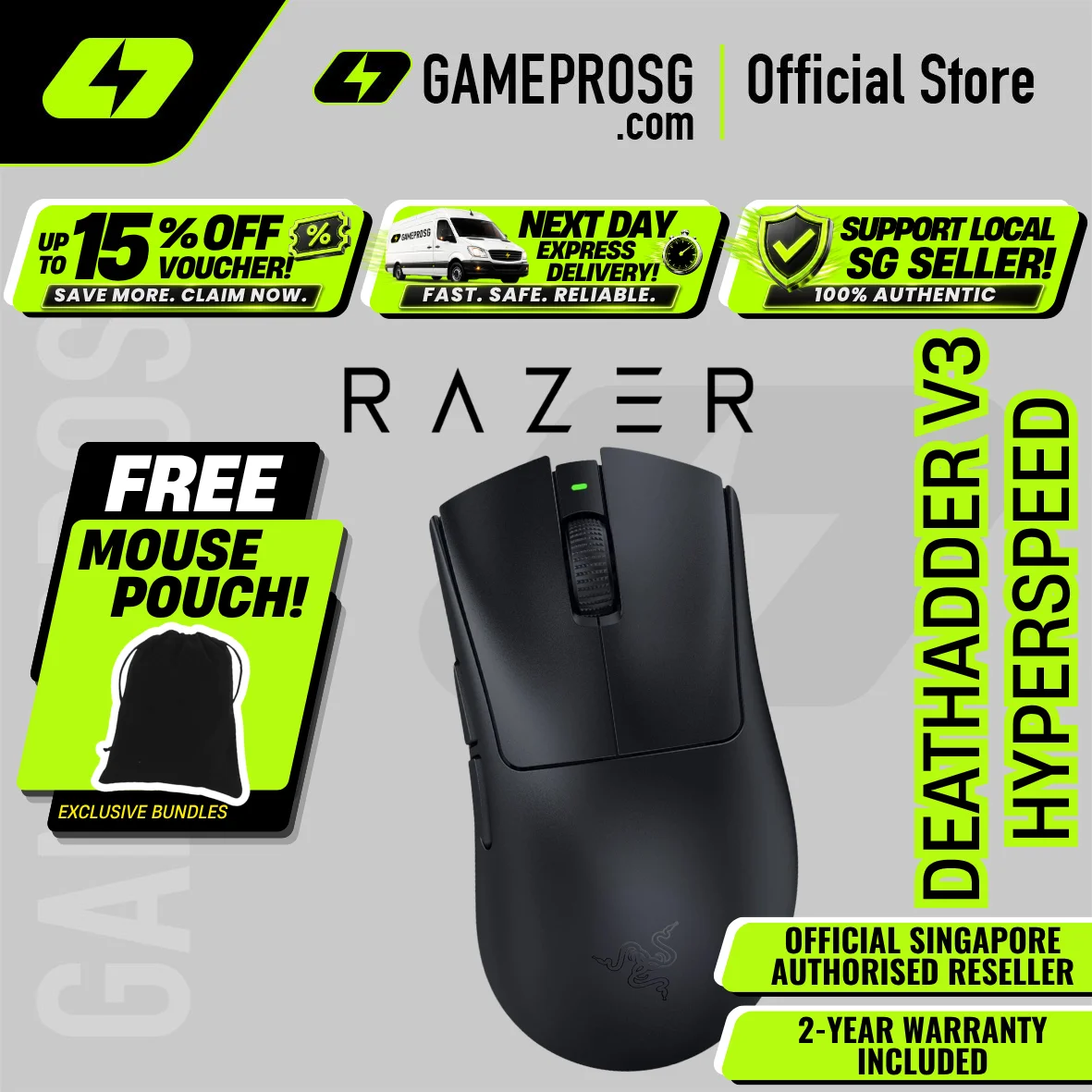 Razer DeathAdder V3 HyperSpeed Ultra-Lightweight Wireless Optical Gaming Mouse with 100 Hour Battery