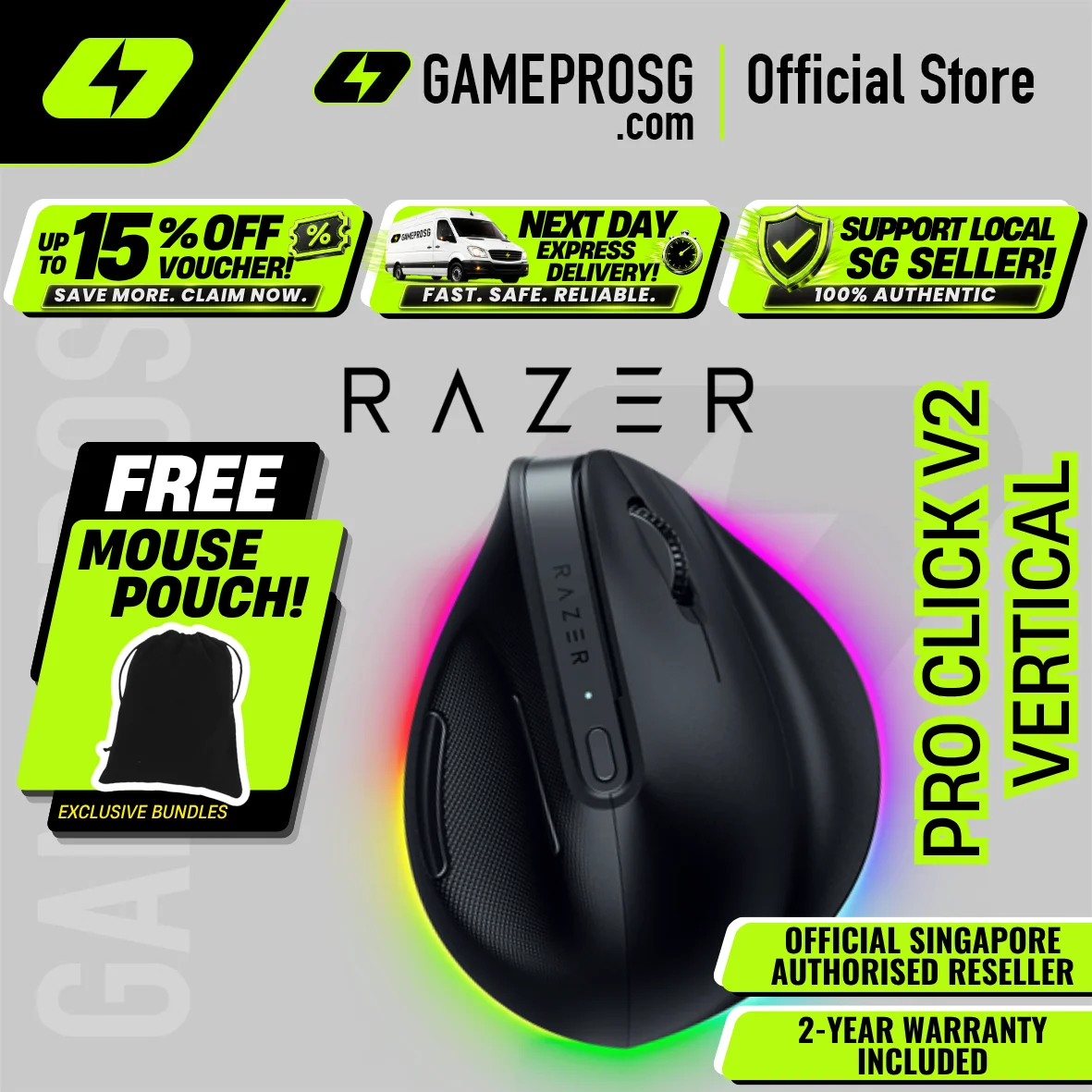 Razer Pro Click V2 Vertical Gaming Mouse — Wireless - Ergonomic - 6-Button Design