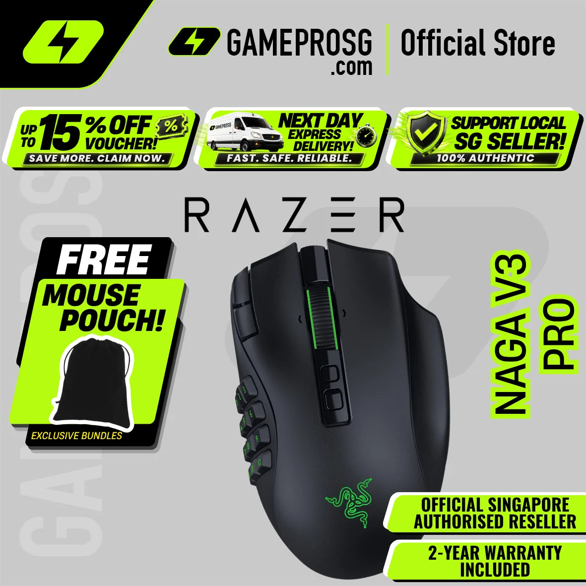 Razer Naga V3 Pro Wireless MMO Gaming Mouse - Swappable Side Plates - Programmable Controls - Chroma RGB